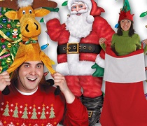 Christmas Costume Accessories with people wearing reindeer hats and jumping in giant Christmas Stockings