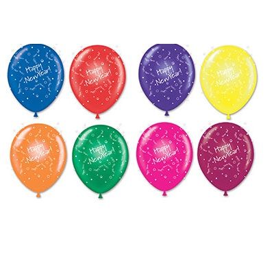 Assorted latex balloons with "Happy New Year" and confetti imprinted in white.
