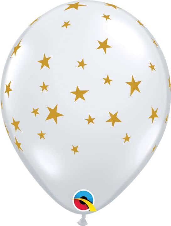 White balloon with various sized gold imprinted stars.