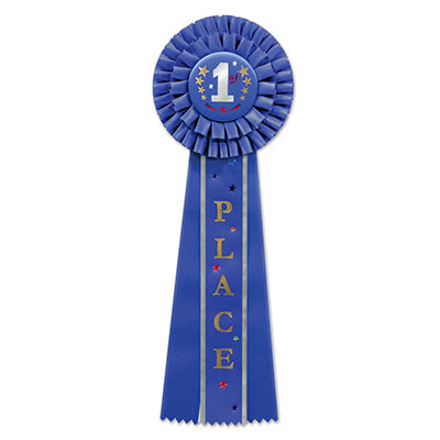 Blue 1st Place Deluxe Rosette with silver lettering and stars