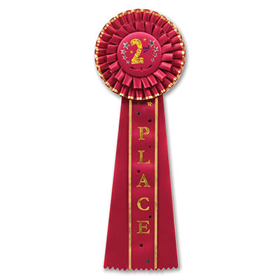Red 2nd Place Deluxe Rosette with gold lettering and stars