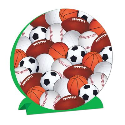 3-D Sports Centerpiece is printed with baseballs, basketballs, footballs, and soccer balls.