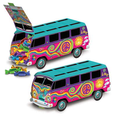 The 60s Bus Centerpiece replicates a Volkswagen thats printed with bright colors.