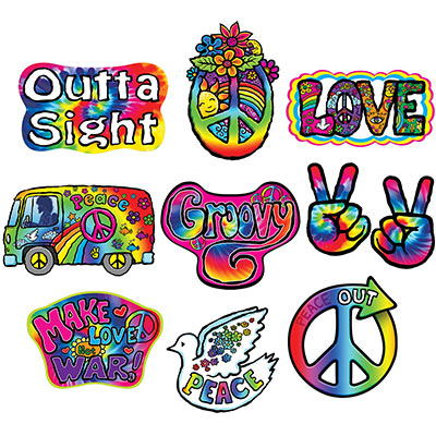 Cutouts for the 1960s of bright colors, peace signs, Volkswagen, and more.