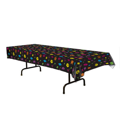 Black plastic 80's Table Cover with colorful 80's icon