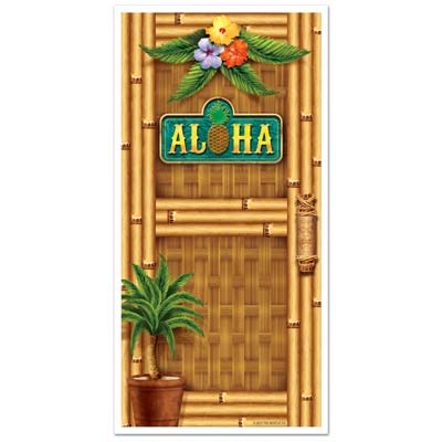 Aloha Door Cover is printed to replicate a wooden bamboo door with a sign hanging saying "Aloha".
