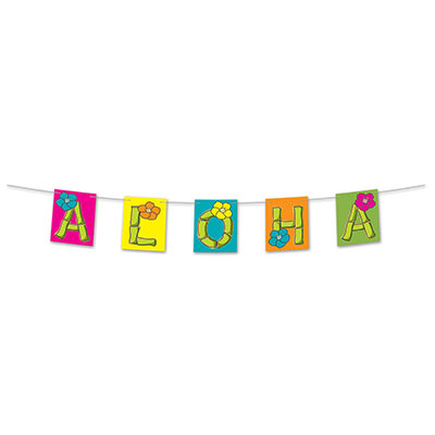 Card stock streamer with pennants to spell out "Aloha" with bright beautiful colors.