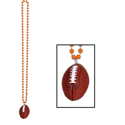 Orange small round beads with football medallion attached.
