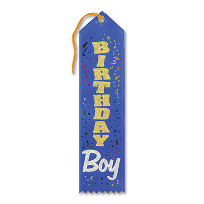Birthday Boy Award Blue Ribbon with gold and silver lettering and Multi colored streamers