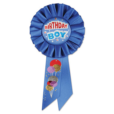 Birthday Boy Blue Rosette with red and blue lettering outlined in silver and balloon designs 