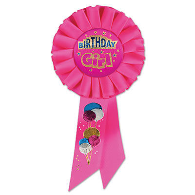 Birthday Girl Pink Rosette pink and blue lettering outlined in gold with balloon and star designs 