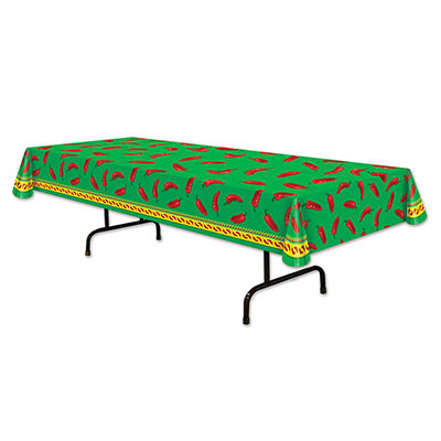 Chili Pepper Tablecover with a solid green background and red chilis.