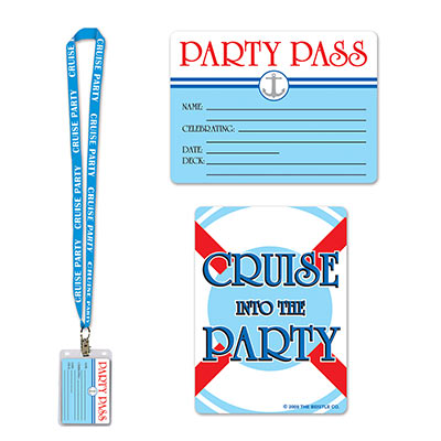 Cruise Ship Party Pass lanyard with a blue lanyard and badge attached.
