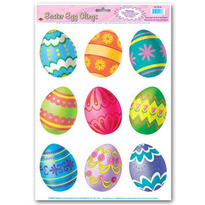 Nine differently designed Easter eggs on plastic cling material.
