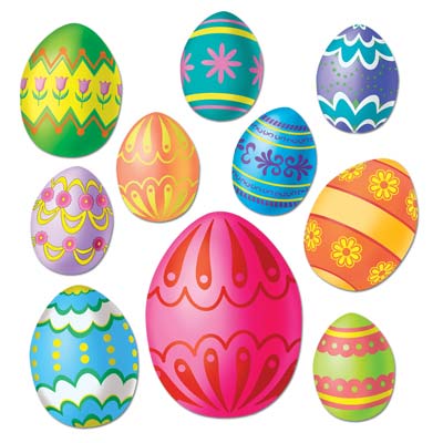 Assorted designed Easter eggs in decorative colors printed on card stock material.
