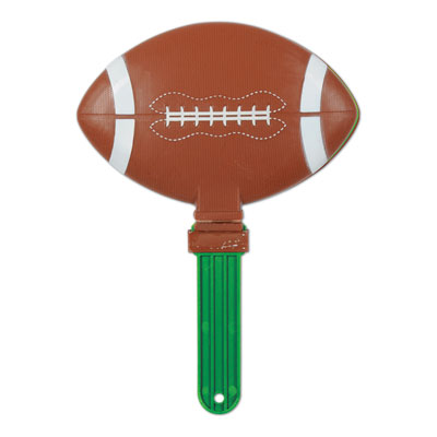 Clapper made of plastic material and shaped like a football.