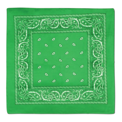 Traditional green bandana with white print.