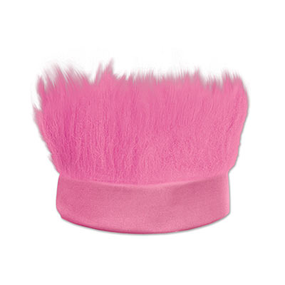 Pink fabric headband with  hair like material standing straight up.