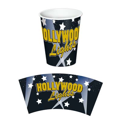 Paper cup printed black with white stars and "Hollywood Lights" in gold.