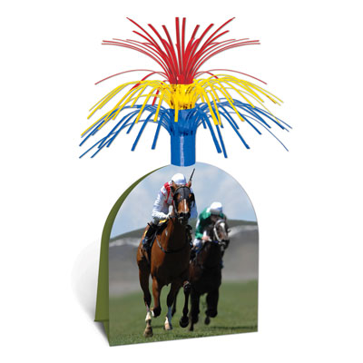 Horse Racing Table Centerpiece with Red, Yellow and Blue Spray top