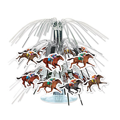 Centerpiece with white cascade of racing horse icons attached.