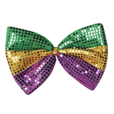 Sequined bow in gold, green and purple with an elastic attached.