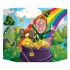 Photo prop for guests to insert their faces to look like a leprechaun jumping to a pot of gold.