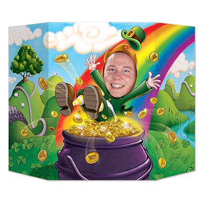 Photo prop for guests to insert their faces to look like a leprechaun jumping to a pot of gold.