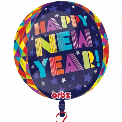 Multi-Color Happy New Year Orb Balloon printed with an assortment of colors. 