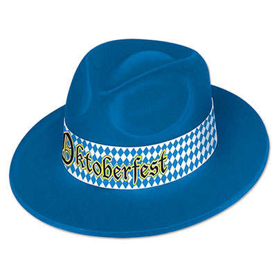 Blue fedora made with velour material including a band that shouts "Oktoberfest".