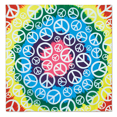 Bandana printed with a tie-dye effect with various sized white peace signs.