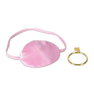 Pink pirate eye patch with elastic band and plastic earring.