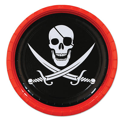 Black and Red Edging Pirate Plates with white skull and swords 