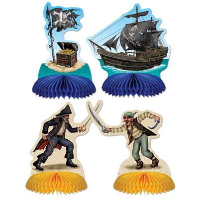 Fun pirates sword fighting cut out on card stock material with a ship and treasure over tissue base.