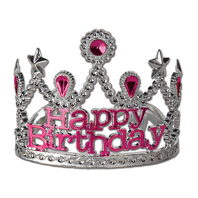 Plastic Happy Birthday Tiara with Pink gems and lettering 