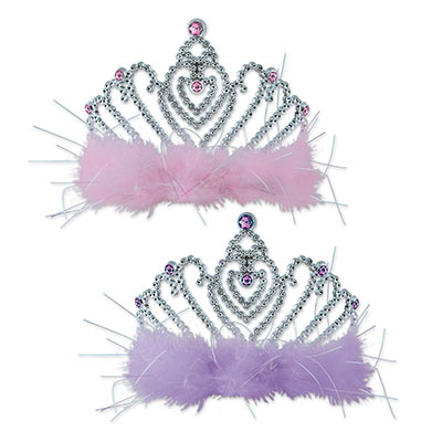 Plastic Princess Tiaras with Purple or Pink Feathers and gems