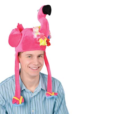 Plush hat designed to replicate a flamingo wearing flip flops and a lei.