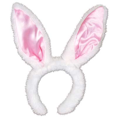 White plush headband with bunny ears with silk pink inside ear accent.