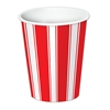 Paper cups printed with red and white stripes to replicate the carnival stripes.