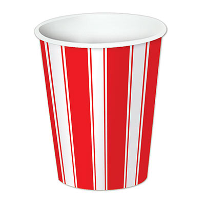 Paper cups printed with red and white stripes to replicate the carnival stripes.