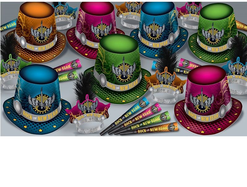 Rock The New Year Party Kit for 50 Rock and Roll, new years eve, new year, music, rock, party, hats, horns, tiaras, beads, noisemakers, nye, countdown, ball drop