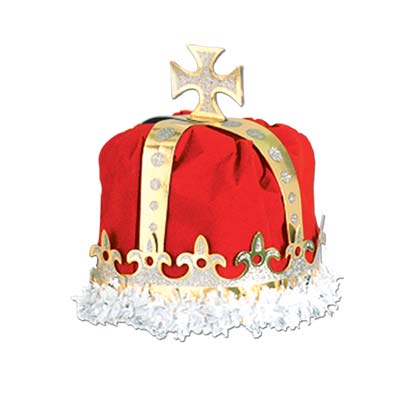 Red Royal Kings Crown with a gold cross at the top and white fringe around the bottom