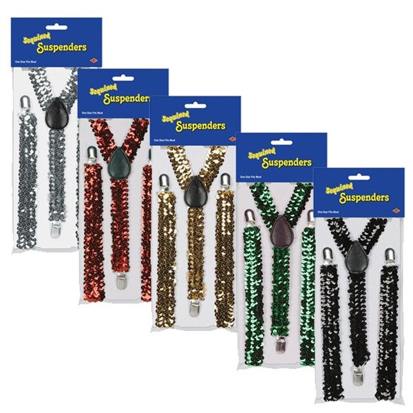 Gold or silver sequinced suspenders made of elastic material.