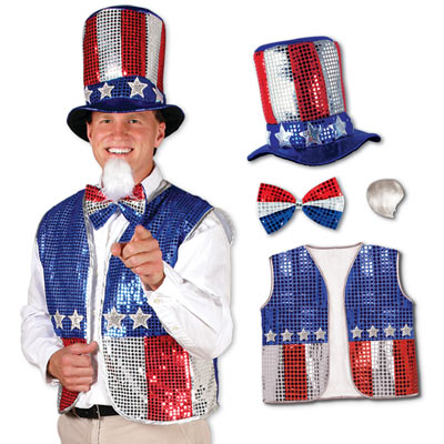 Uncle Sam set with lots of red, silver and blue sequines on a top hat, bow and vest.