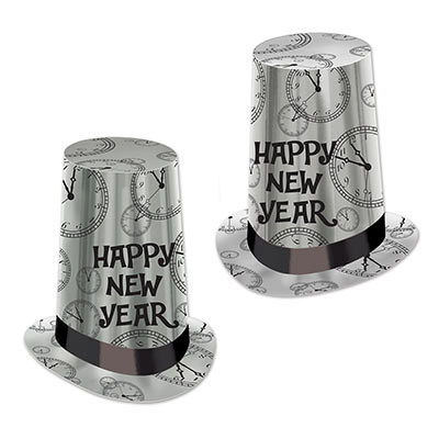 Silver super high hats with printed black clocks and "Happy New Year".