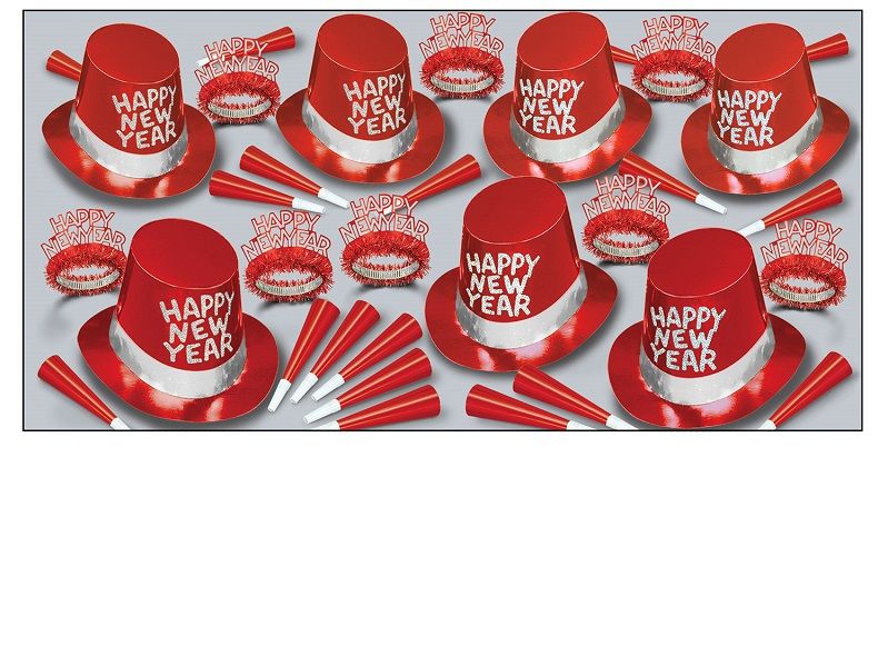 Simply Red - New Years Party Kit for 50 red, silver, hats, tiara, horns, party, favor, new years eve, assortment, wholesale, inexpensive, bulk