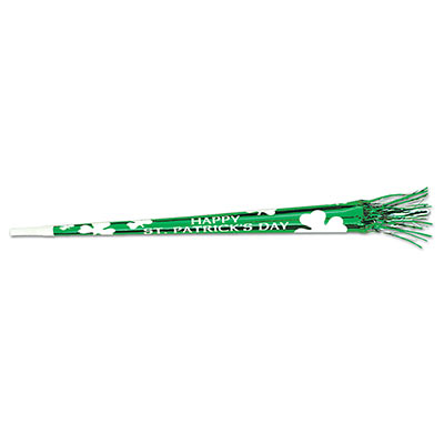 Foil green horn with green tassels reads "Happy St. Patrick's Day" in white with shamrocks.