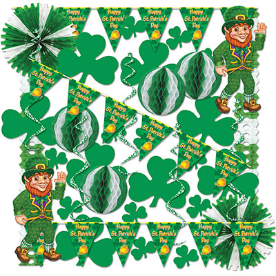 St. Patrick's Day decorating kit with banner, green shamrocks, leprechauns, and more.
