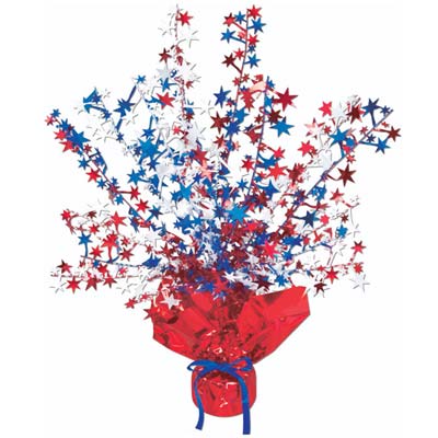 Metallic centerpiece with is bursting with patriotic colored stars and weighted bottom.
