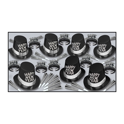 NYE Party kit for 50 that has black and silver party favors like hats, tiaras, and horns